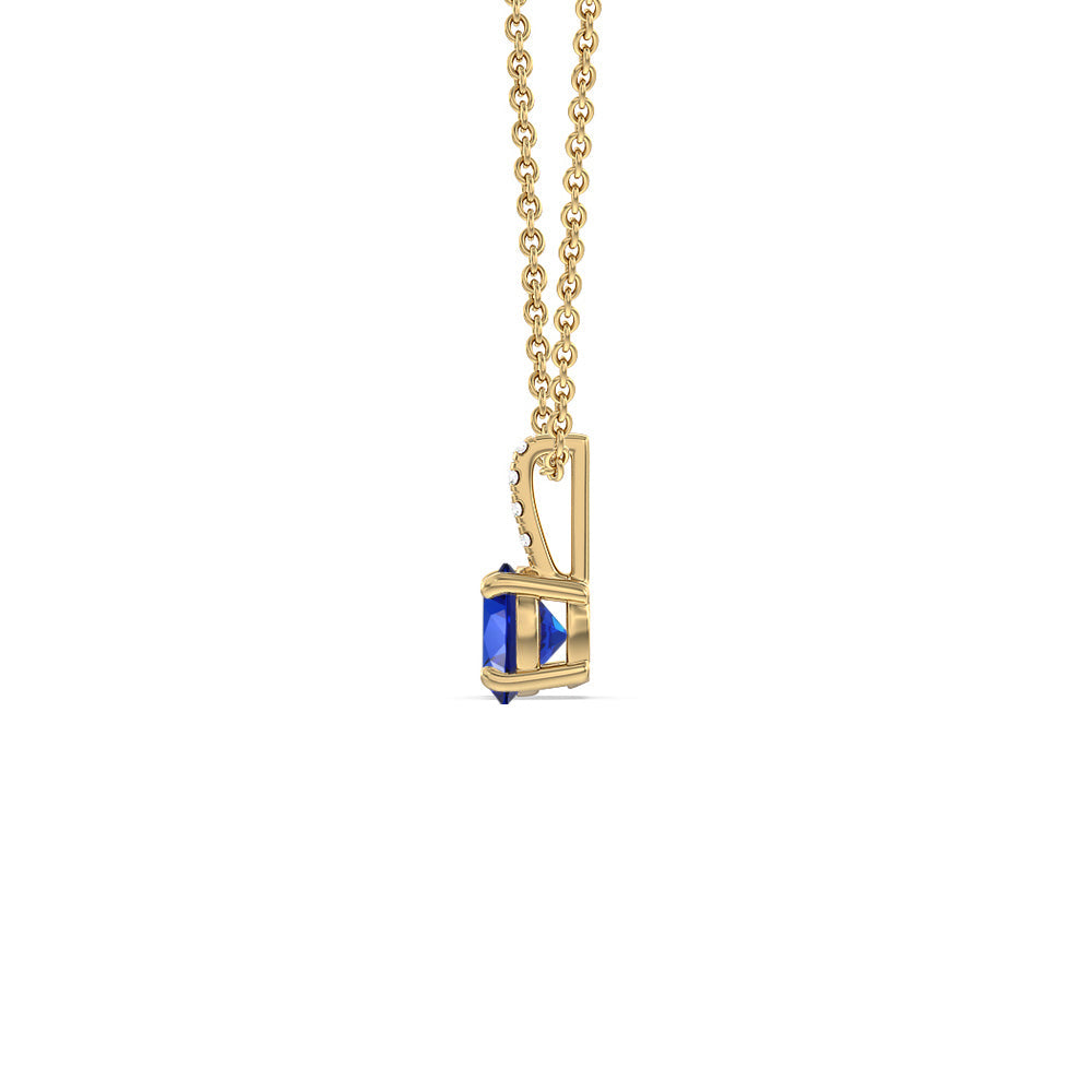 Round Created Sapphire and Lab Diamond Classic Solitaire Pendant With Studded Bale with 14KT Yellow Gold Cut Diamond in 14KT Yellow Gold view 2
