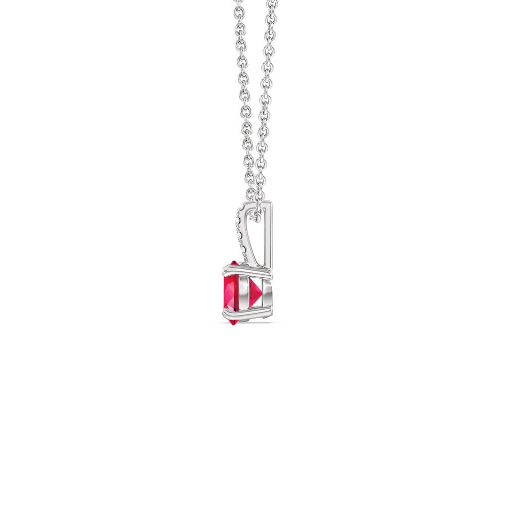 Round Created Ruby and Lab Diamond Classic Solitaire Pendant With Studded Bale with 14KT White Gold Cut Diamond in 14KT White Gold view 2
