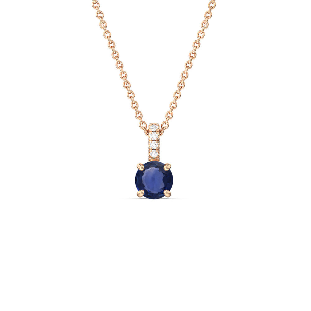 Round Sapphire and Lab Diamond Classic Solitaire Pendant With Studded Bale with 7 Cut Diamond in 14KT Rose Gold view 1
