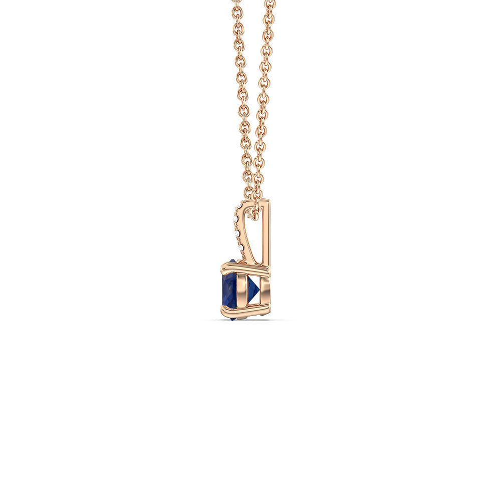 Round Sapphire and Lab Diamond Classic Solitaire Pendant With Studded Bale with 7 Cut Diamond in 14KT Rose Gold view 2
