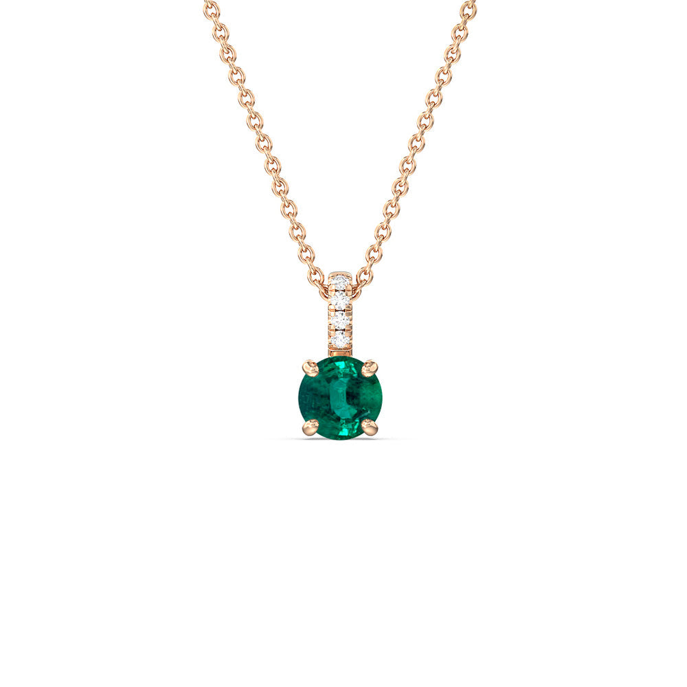 Round Shape Emerald and Lab Diamond Classic Solitaire Pendant With Studded Bale with 7 Cut Diamond in 14KT Rose Gold view 1
