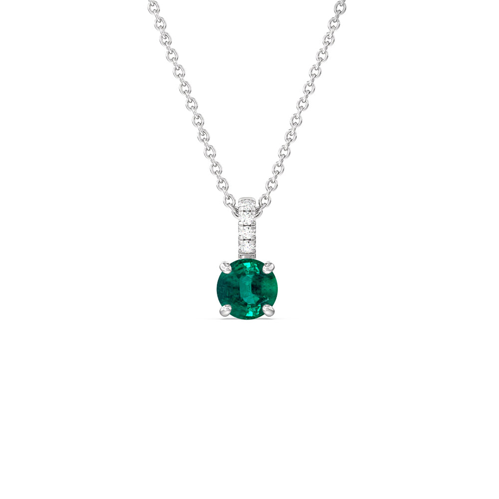 Round Shape Emerald and Lab Diamond Classic Solitaire Pendant With Studded Bale with 7 Cut Diamond in 14KT White Gold view 1

