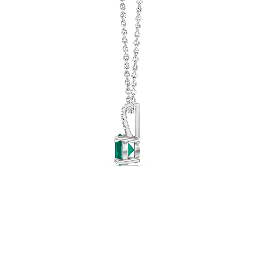 Round Shape Emerald and Lab Diamond Classic Solitaire Pendant With Studded Bale with 7 Cut Diamond in 14KT White Gold view 2

