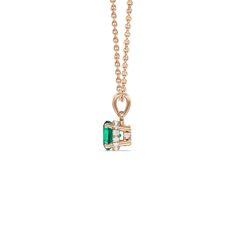 Round Shape Created Emerald and Lab Diamond Classic Solitaire Under Halo Pendant with 14KT Rose Gold Cut Diamond in 14KT Rose Gold view 2
