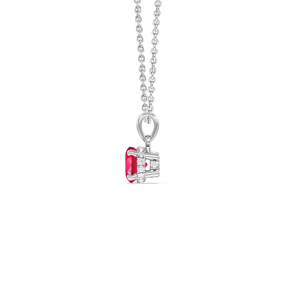 Round Created Ruby and Lab Diamond Classic Solitaire Under Halo Pendant with 14KT White Gold Cut Diamond in 14KT White Gold view 2
