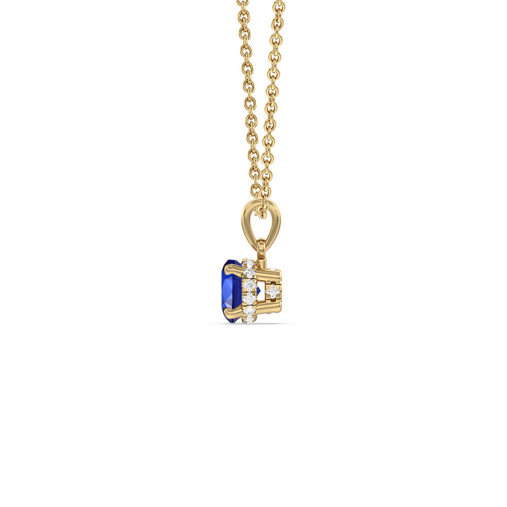 Round Created Sapphire and Lab Diamond Classic Solitaire Under Halo Pendant with 14KT Yellow Gold Cut Diamond in 14KT Yellow Gold view 2
