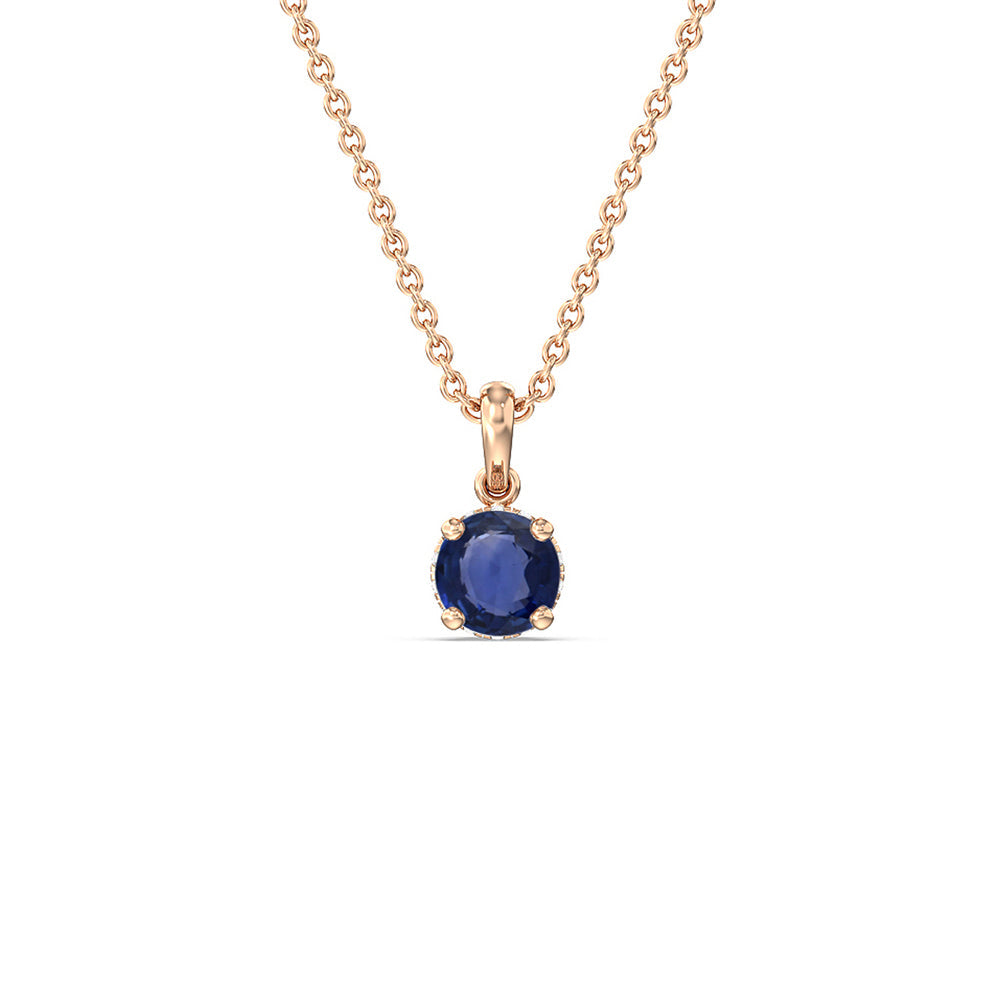 Round Sapphire and Lab Diamond Classic Solitaire Under Halo Pendant with 7 Cut Diamond in 14KT Rose Gold view 1
