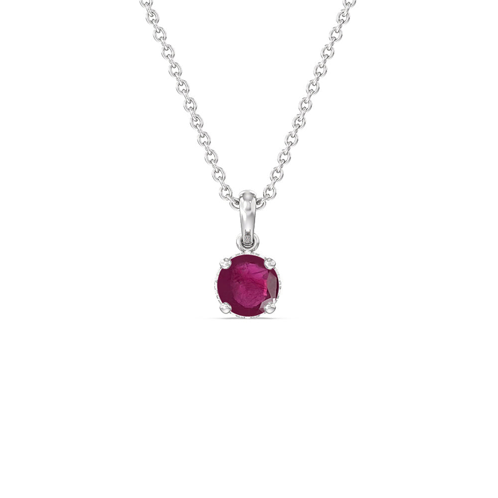 Round Ruby and Lab Diamond Classic Solitaire Under Halo Pendant with 6 Cut Diamond in 14KT White Gold view 1
