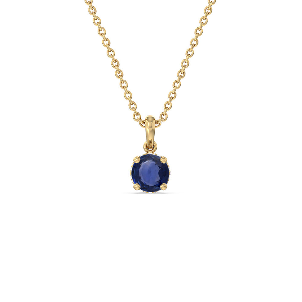 Round Sapphire and Lab Diamond Classic Solitaire Under Halo Pendant with 7 Cut Diamond in 14KT Yellow Gold view 1
