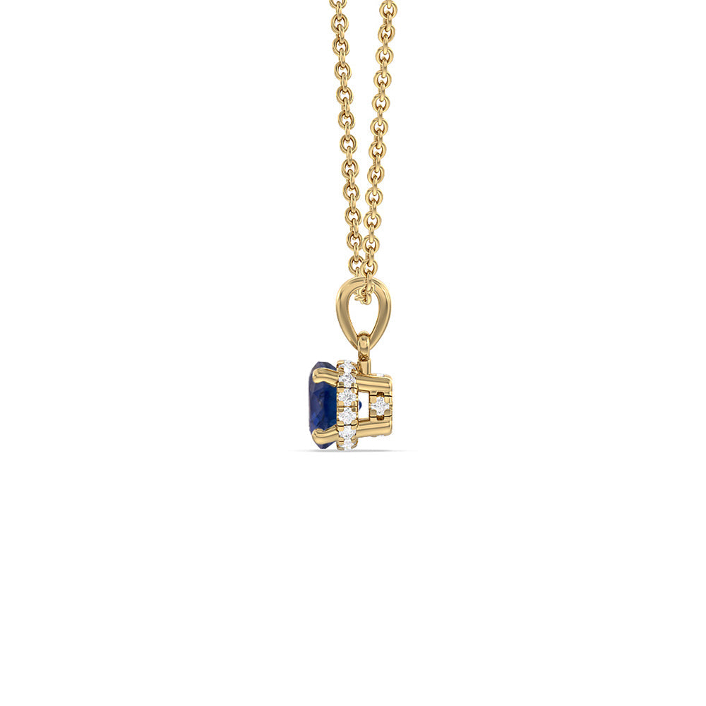 Round Sapphire and Lab Diamond Classic Solitaire Under Halo Pendant with 7 Cut Diamond in 14KT Yellow Gold view 2
