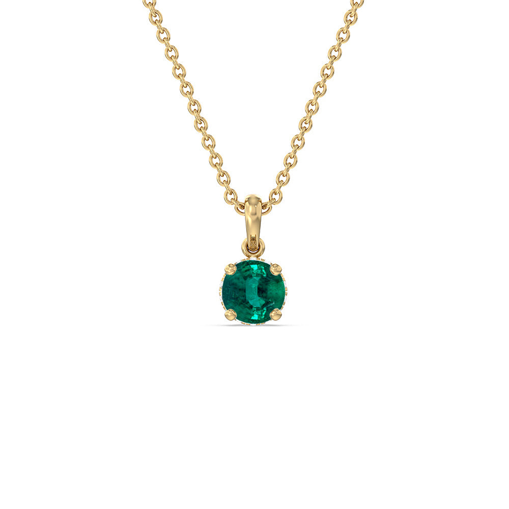 Round Shape Emerald and Lab Diamond Classic Solitaire Under Halo Pendant with 7 Cut Diamond in 14KT Yellow Gold view 1
