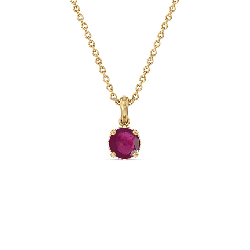 Round Ruby and Lab Diamond Classic Solitaire Under Halo Pendant with 6 Cut Diamond in 14KT Yellow Gold view 1
