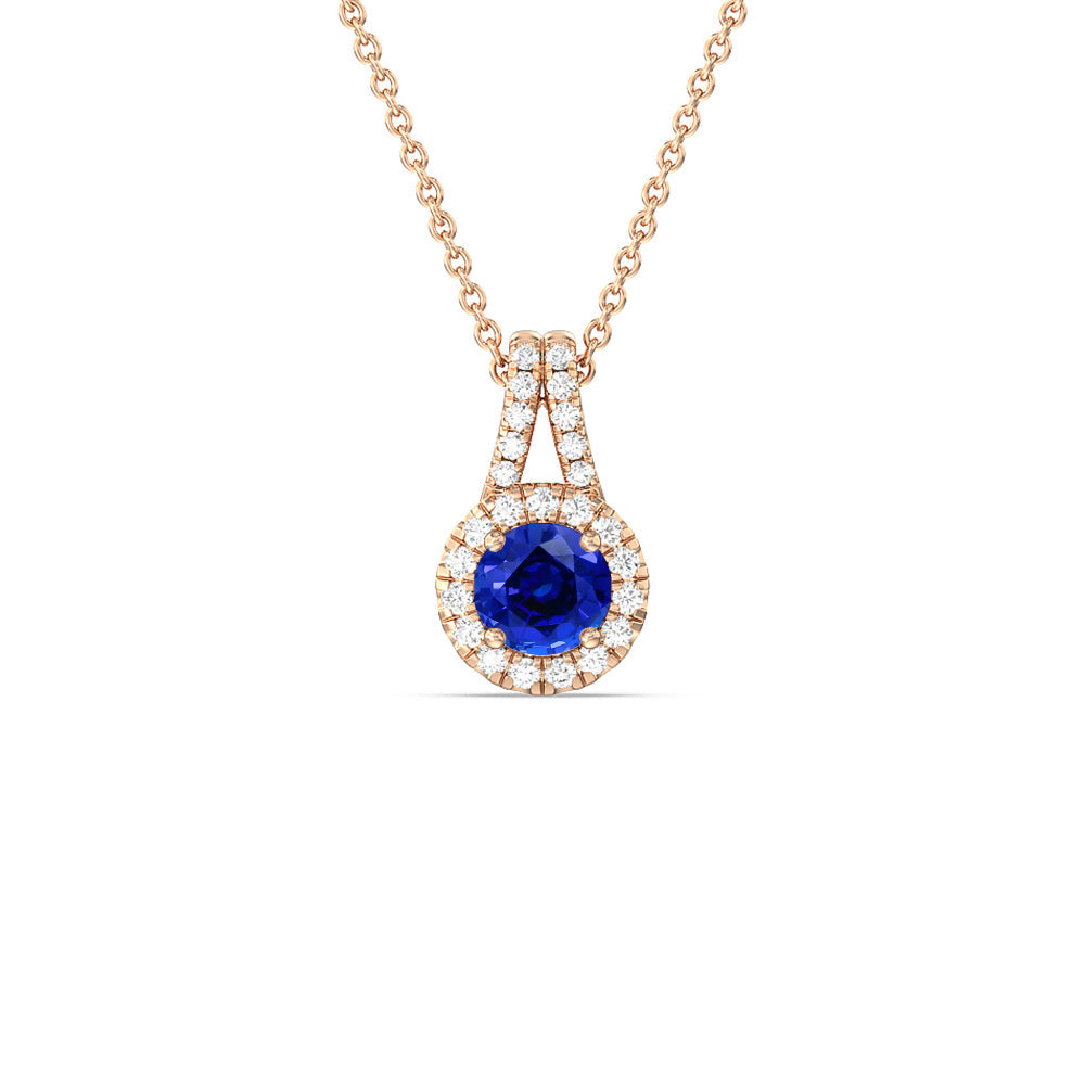 Round Created Sapphire and Lab Diamond Classic Halo Pendant With Studded Split Bale with 14KT Rose Gold Cut Diamond in 14KT Rose Gold view 1
