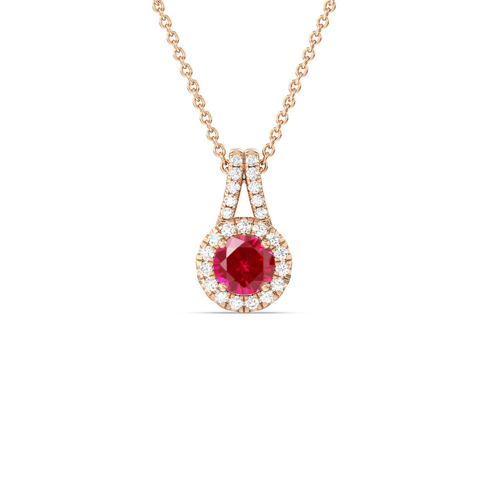Round Created Ruby and Lab Diamond Classic Halo Pendant With Studded Split Bale with 14KT Rose Gold Cut Diamond in 14KT Rose Gold view 1
