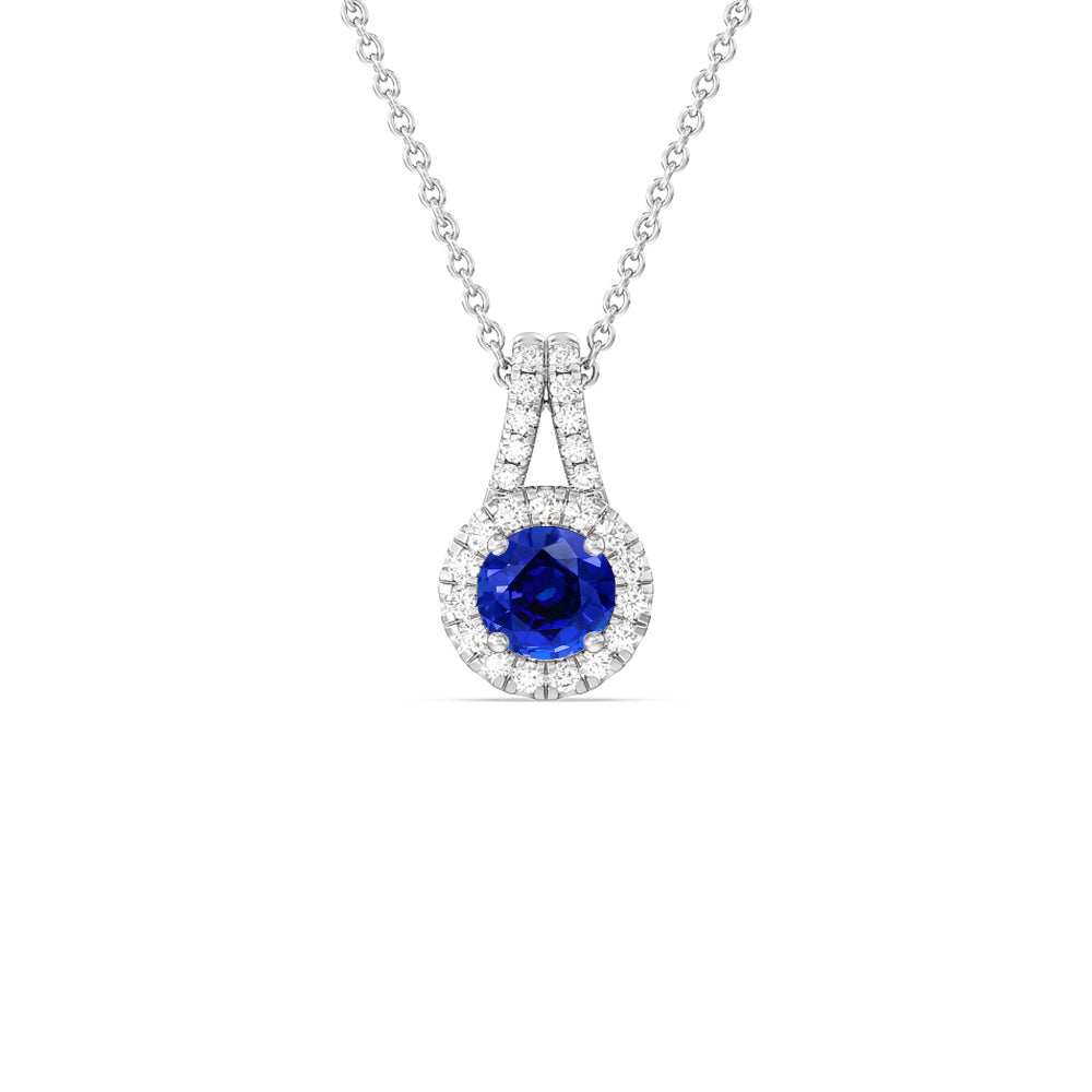 Round Created Sapphire and Lab Diamond Classic Halo Pendant With Studded Split Bale with 14KT White Gold Cut Diamond in 14KT White Gold view 1
