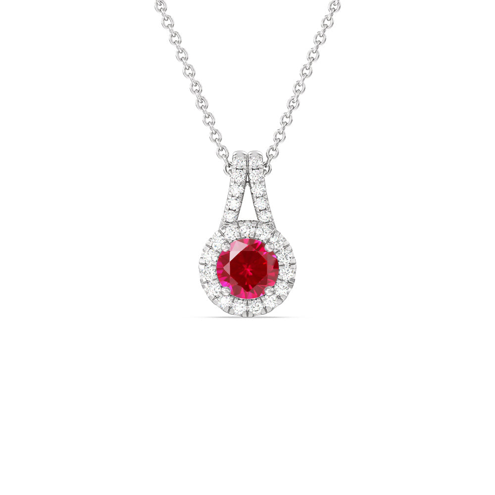 Round Created Ruby and Lab Diamond Classic Halo Pendant With Studded Split Bale with 14KT White Gold Cut Diamond in 14KT White Gold view 1
