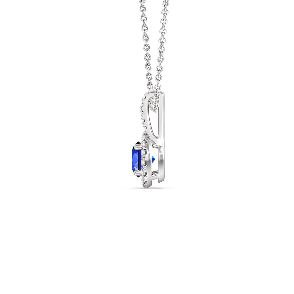 Round Created Sapphire and Lab Diamond Classic Halo Pendant With Studded Split Bale with 14KT White Gold Cut Diamond in 14KT White Gold view 2
