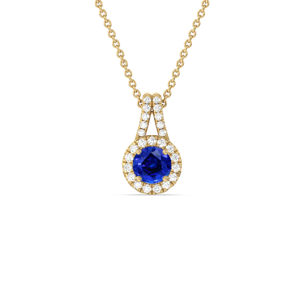 Round Created Sapphire and Lab Diamond Classic Halo Pendant With Studded Split Bale with 14KT Yellow Gold Cut Diamond in 14KT Yellow Gold view 1
