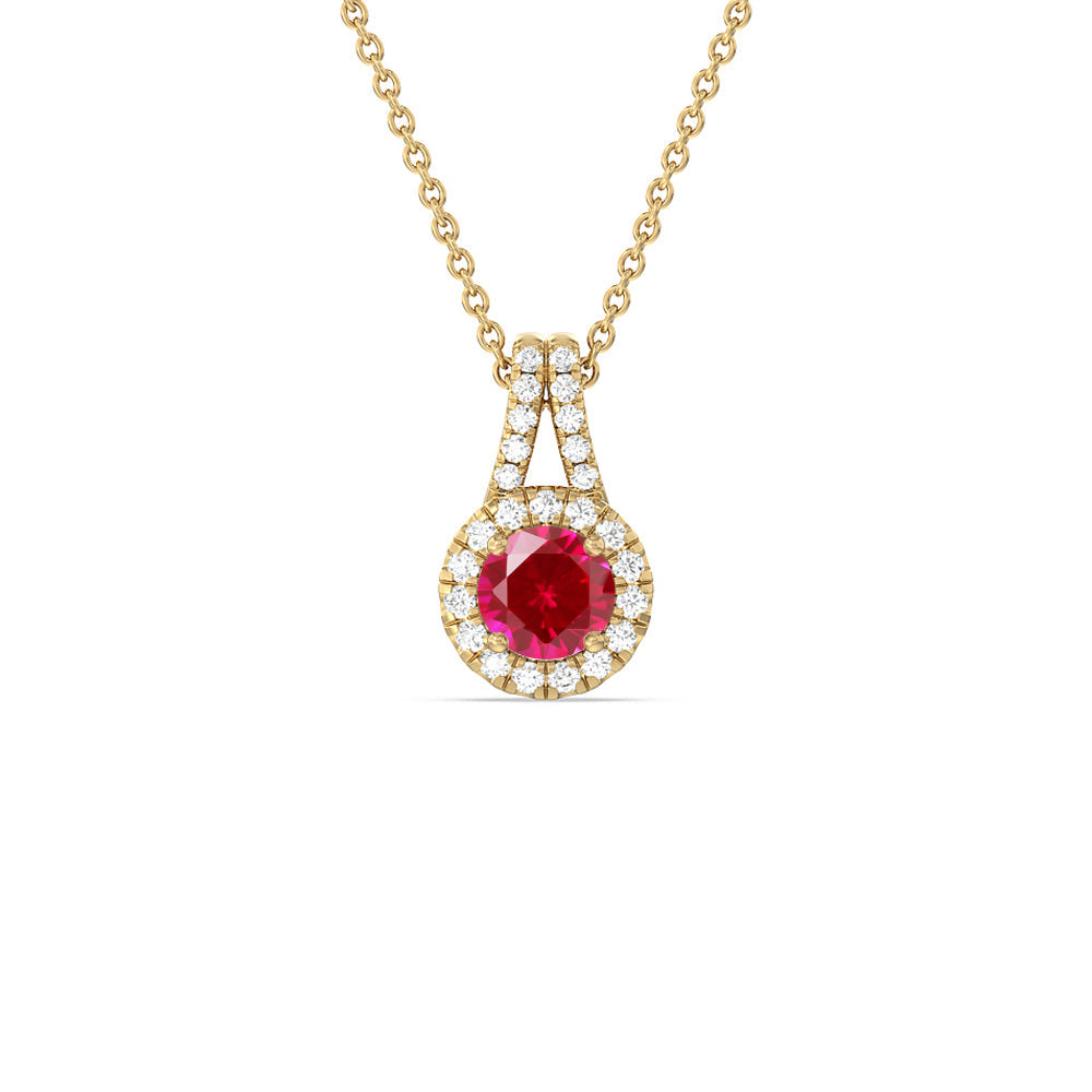 Round Created Ruby and Lab Diamond Classic Halo Pendant With Studded Split Bale with 14KT Yellow Gold Cut Diamond in 14KT Yellow Gold view 1
