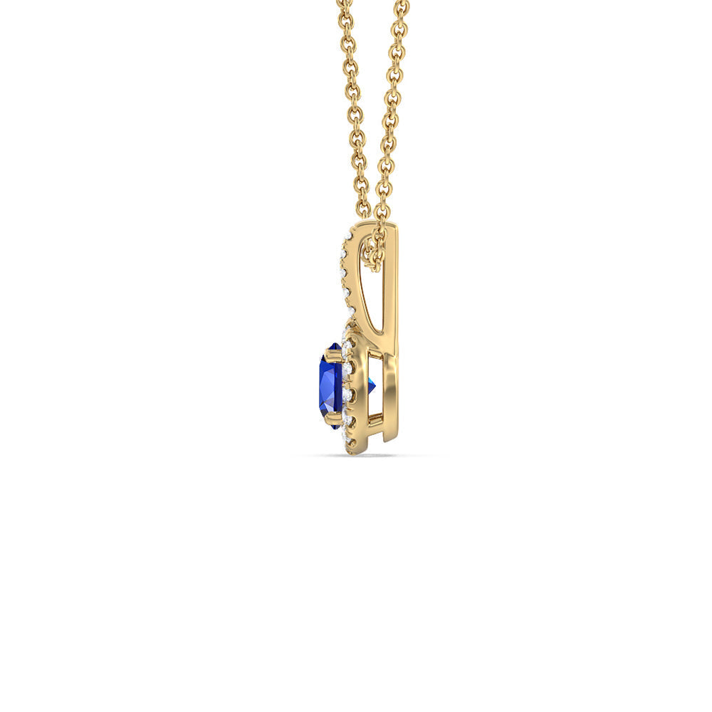 Round Created Sapphire and Lab Diamond Classic Halo Pendant With Studded Split Bale with 14KT Yellow Gold Cut Diamond in 14KT Yellow Gold view 2
