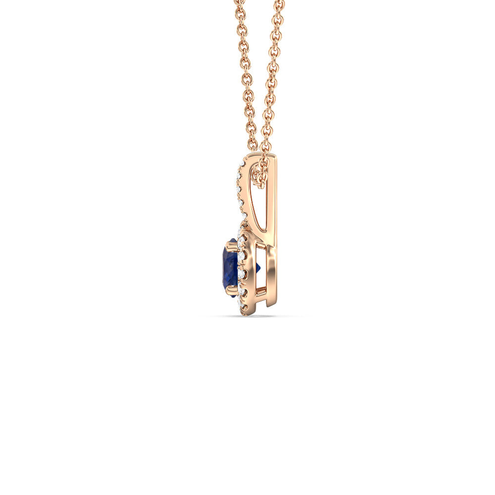 Round Sapphire and Lab Diamond Classic Halo Pendant With Studded Split Bale with 7 Cut Diamond in 14KT Rose Gold view 2
