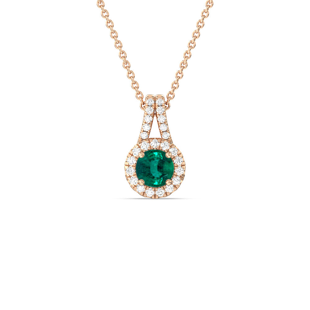 Round Shape Emerald and Lab Diamond Classic Halo Pendant With Studded Split Bale with 7 Cut Diamond in 14KT Rose Gold view 1
