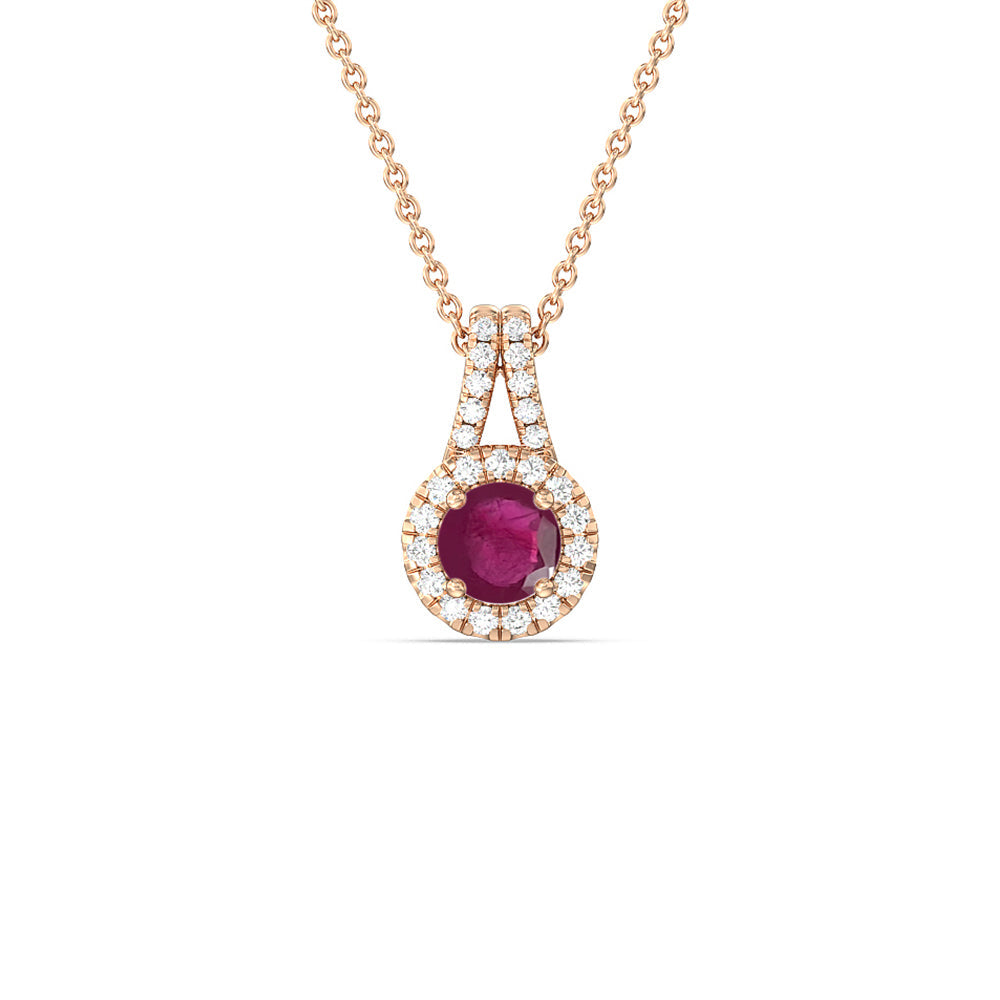Round Ruby and Lab Diamond Classic Halo Pendant With Studded Split Bale with 6 Cut Diamond in 14KT Rose Gold view 1
