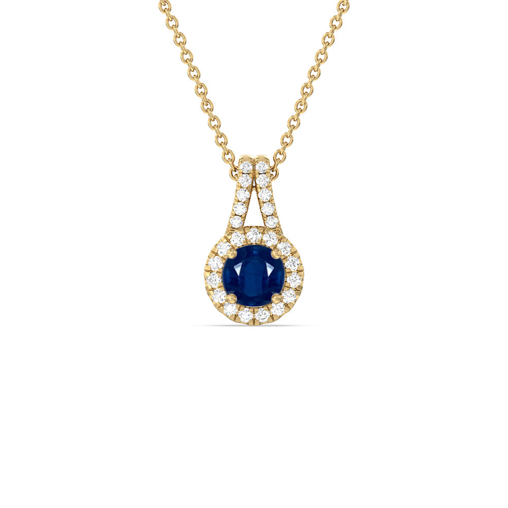 Round Sapphire and Lab Diamond Classic Halo Pendant With Studded Split Bale with 7 Cut Diamond in 14KT Yellow Gold view 1
