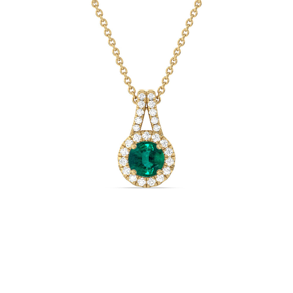 Round Shape Emerald and Lab Diamond Classic Halo Pendant With Studded Split Bale with 7 Cut Diamond in 14KT Yellow Gold view 1
