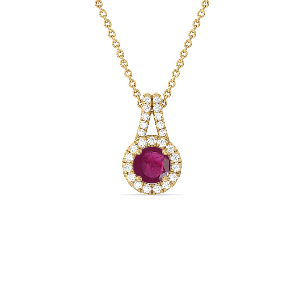 Round Ruby and Lab Diamond Classic Halo Pendant With Studded Split Bale with 6 Cut Diamond in 14KT Yellow Gold view 1
