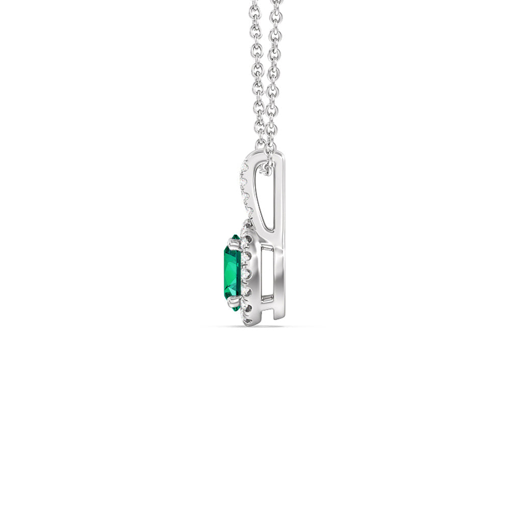 Oval Shape Created Emerald and Lab Diamond Classic Halo Pendant With Studded Split Bale with 14KT White Gold Cut Diamond in 14KT White Gold view 2
