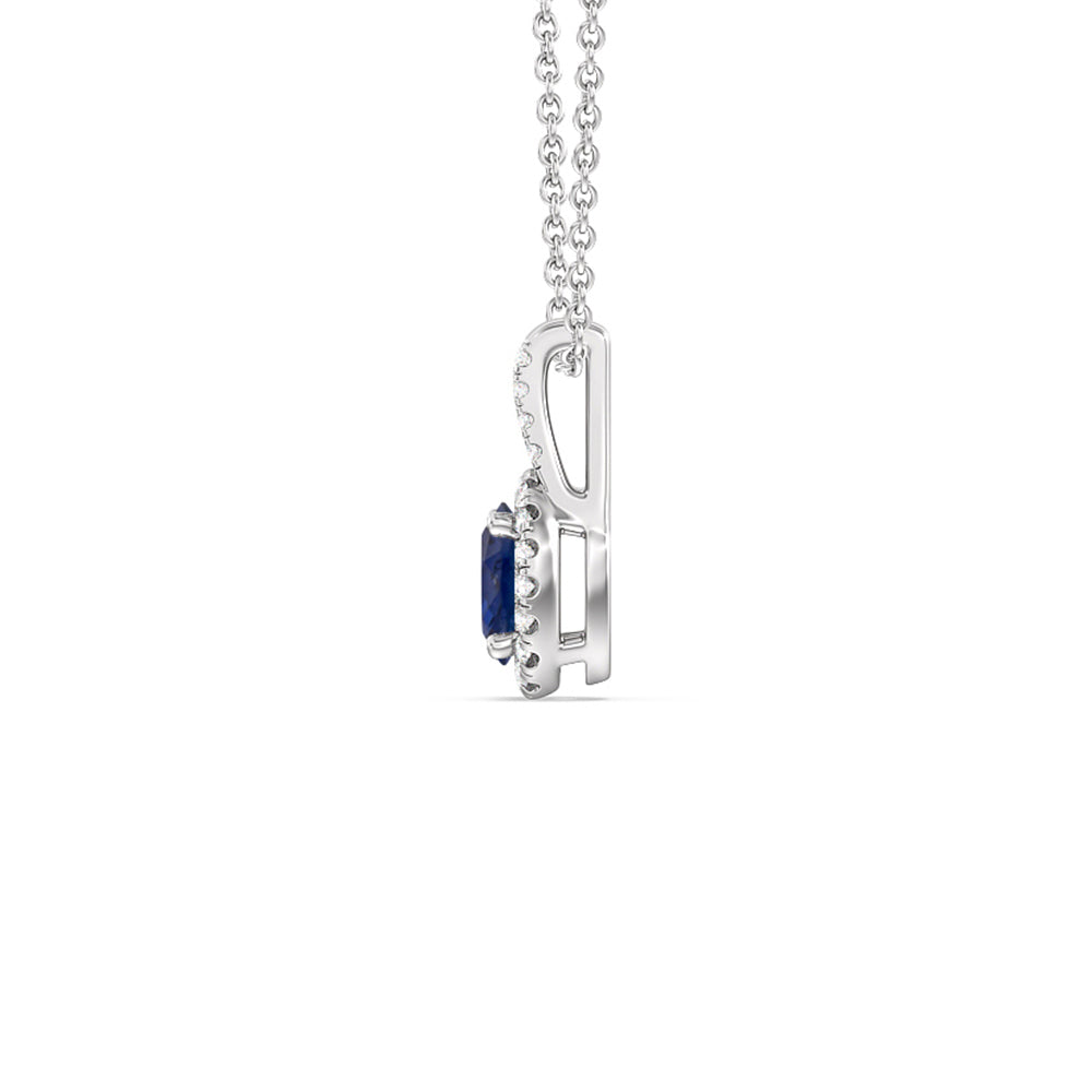 Oval Sapphire and Lab Diamond Classic Halo Pendant With Studded Split Bale with 8x6 Cut Diamond in 14KT White Gold view 2
