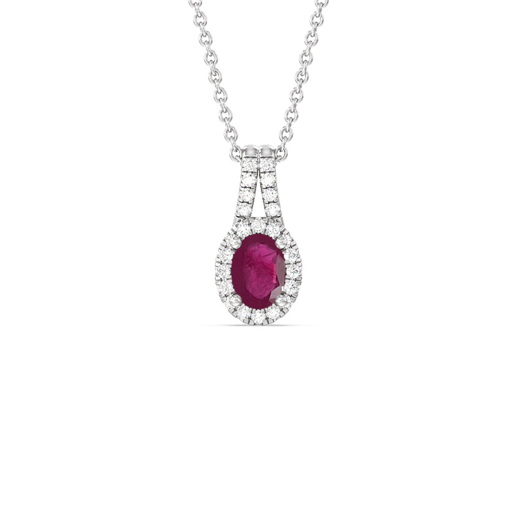 Oval Ruby and Lab Diamond Classic Halo Pendant With Studded Split Bale with 8x6 Cut Diamond in 14KT White Gold view 1
