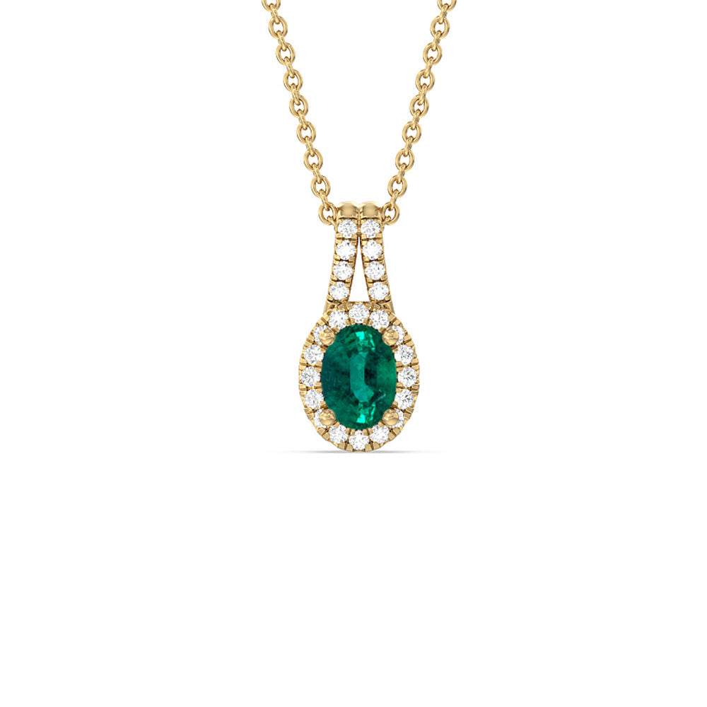 Oval Shape Emerald and Lab Diamond Classic Halo Pendant With Studded Split Bale with 8x6 Cut Diamond in 14KT Yellow Gold view 1
