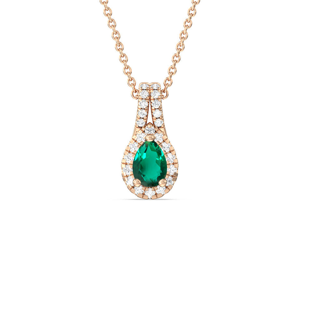 Pear Shape Created Emerald and Lab Diamond Classic Halo Pendant With Studded Split Bale with 14KT Rose Gold Cut Diamond in 14KT Rose Gold view 1
