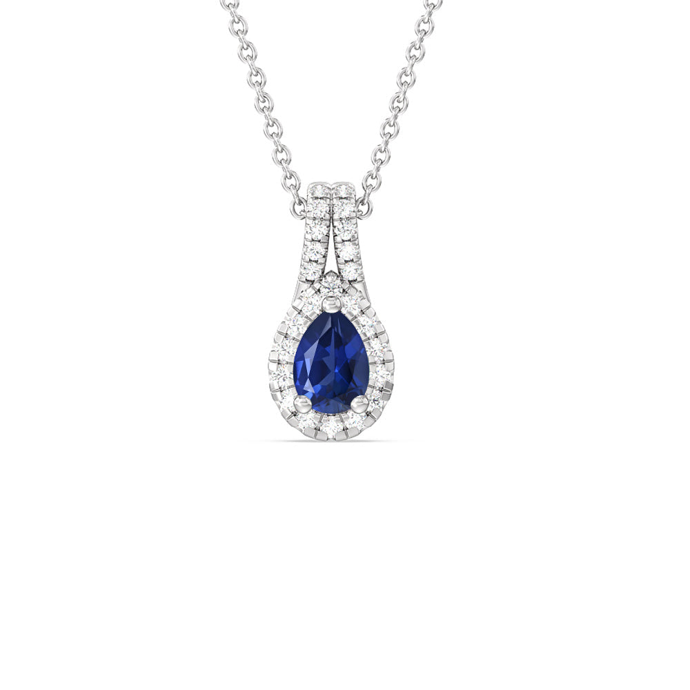 Pear Created Sapphire and Lab Diamond Classic Halo Pendant With Studded Split Bale with 14KT White Gold Cut Diamond in 14KT White Gold view 1
