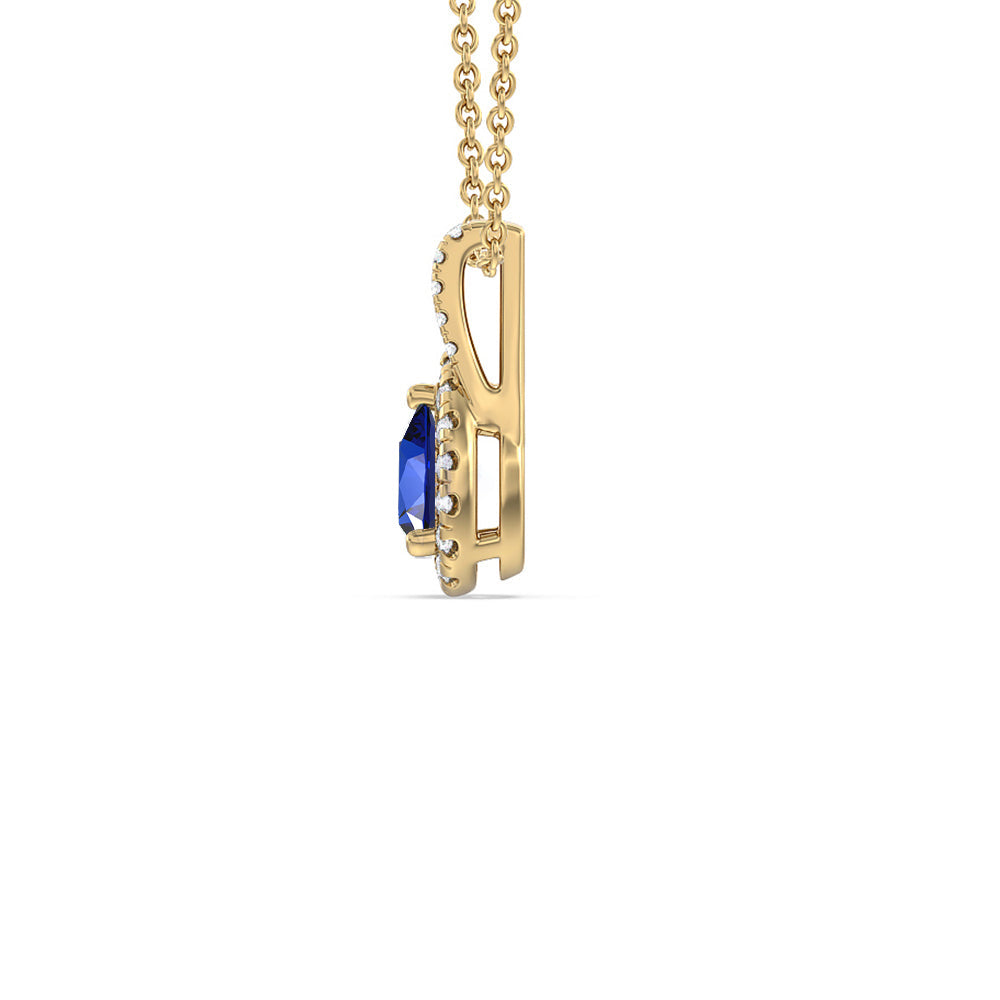 Pear Created Sapphire and Lab Diamond Classic Halo Pendant With Studded Split Bale with 14KT Yellow Gold Cut Diamond in 14KT Yellow Gold view 2
