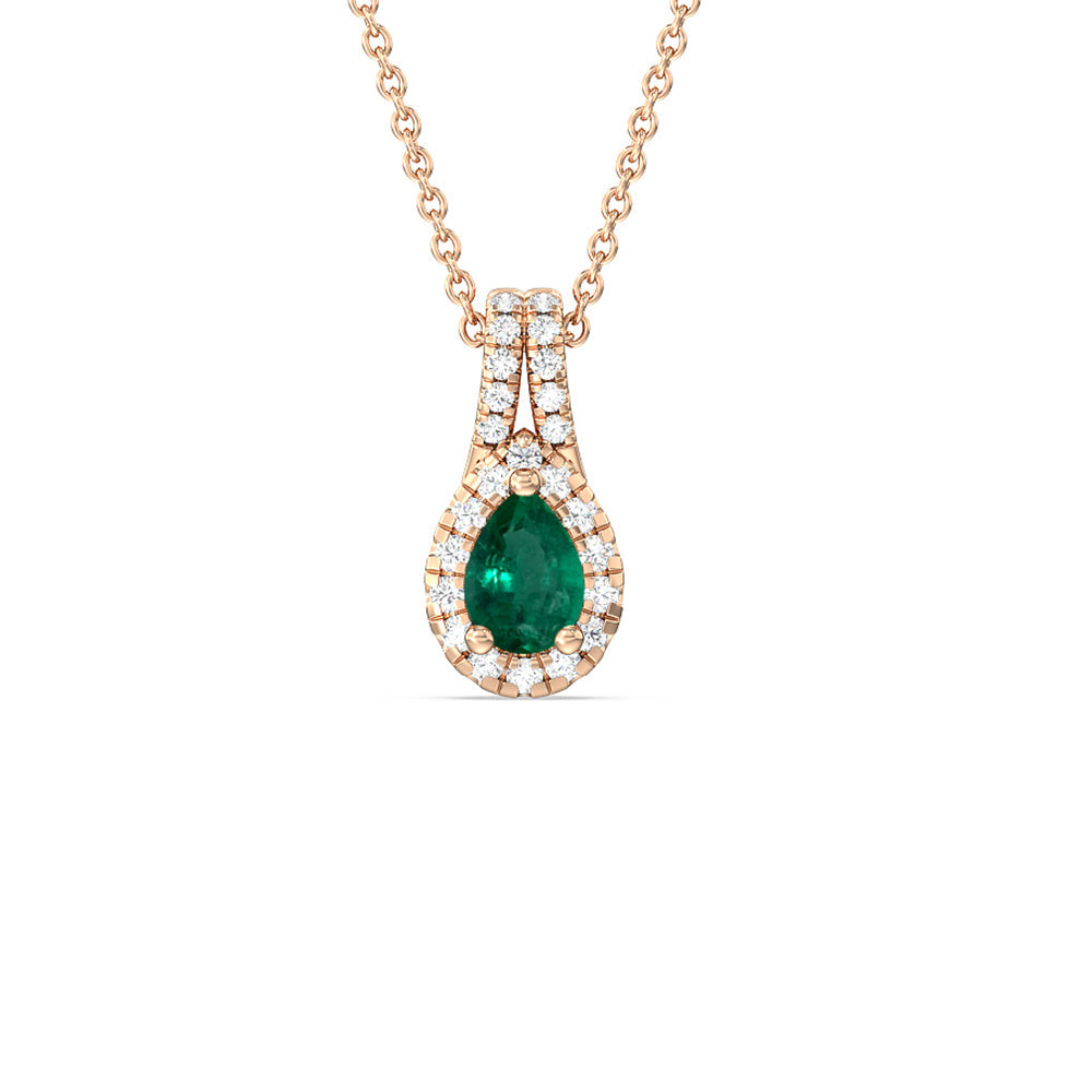 Pear Shape Emerald and Lab Diamond Classic Halo Pendant With Studded Split Bale with 8x5 Cut Diamond in 14KT Rose Gold view 1
