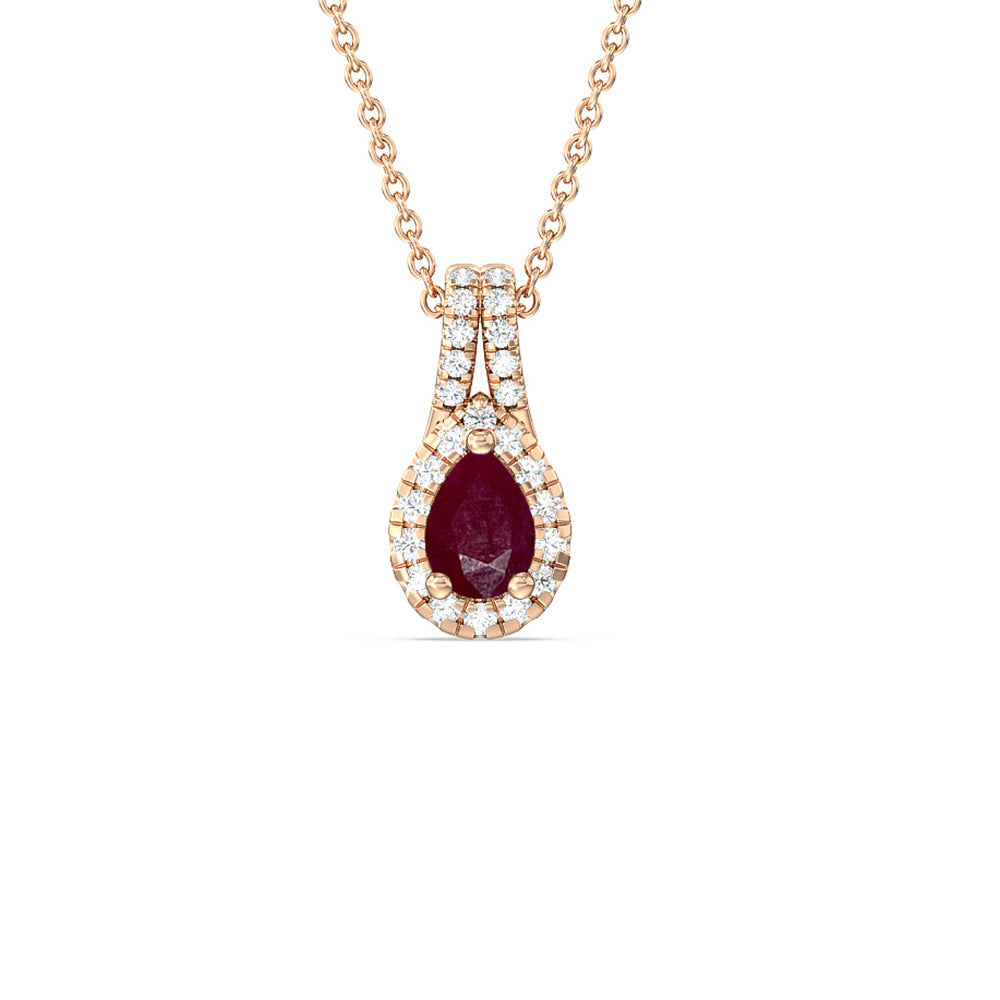 Pear Ruby and Lab Diamond Classic Halo Pendant With Studded Split Bale with 8x5 Cut Diamond in 14KT Rose Gold view 1
