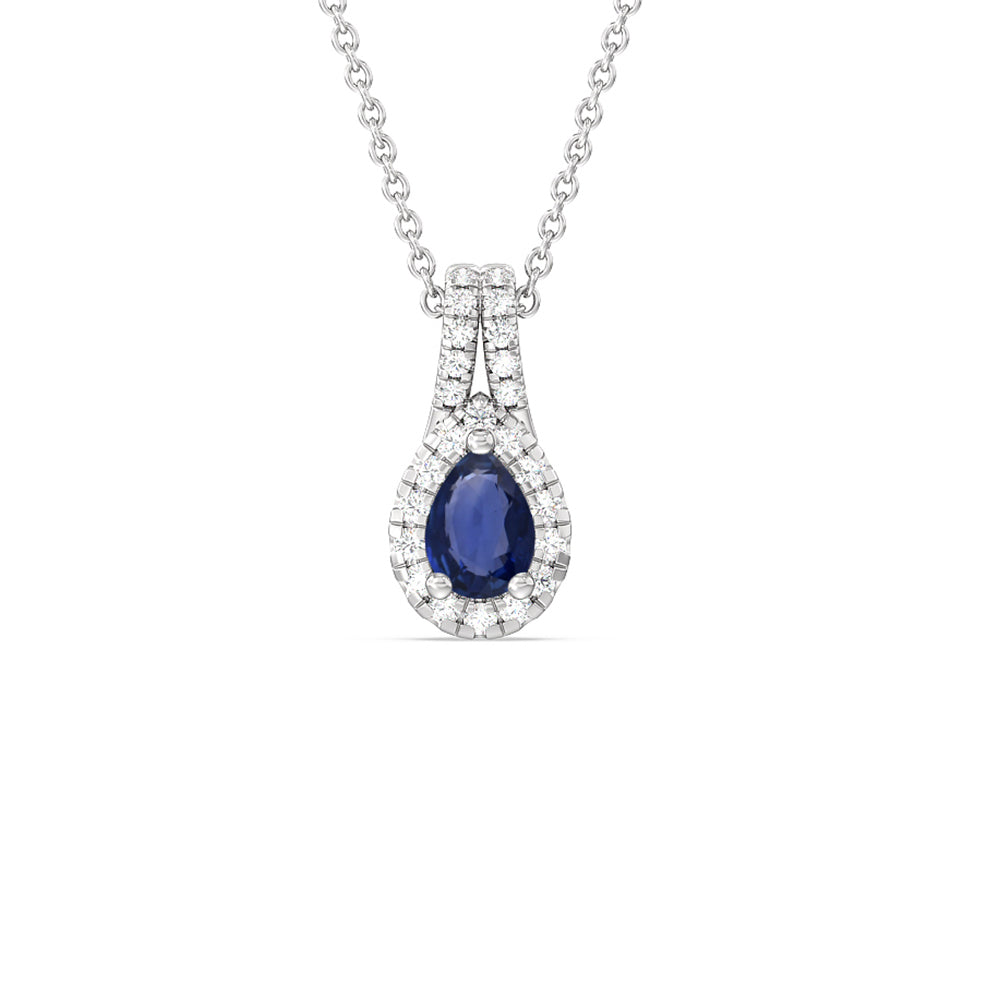 Pear Sapphire and Lab Diamond Classic Halo Pendant With Studded Split Bale with 8x5 Cut Diamond in 14KT White Gold view 1
