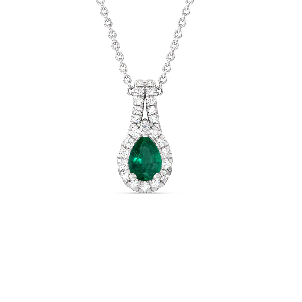 Pear Shape Emerald and Lab Diamond Classic Halo Pendant With Studded Split Bale with 8x5 Cut Diamond in 14KT White Gold view 1
