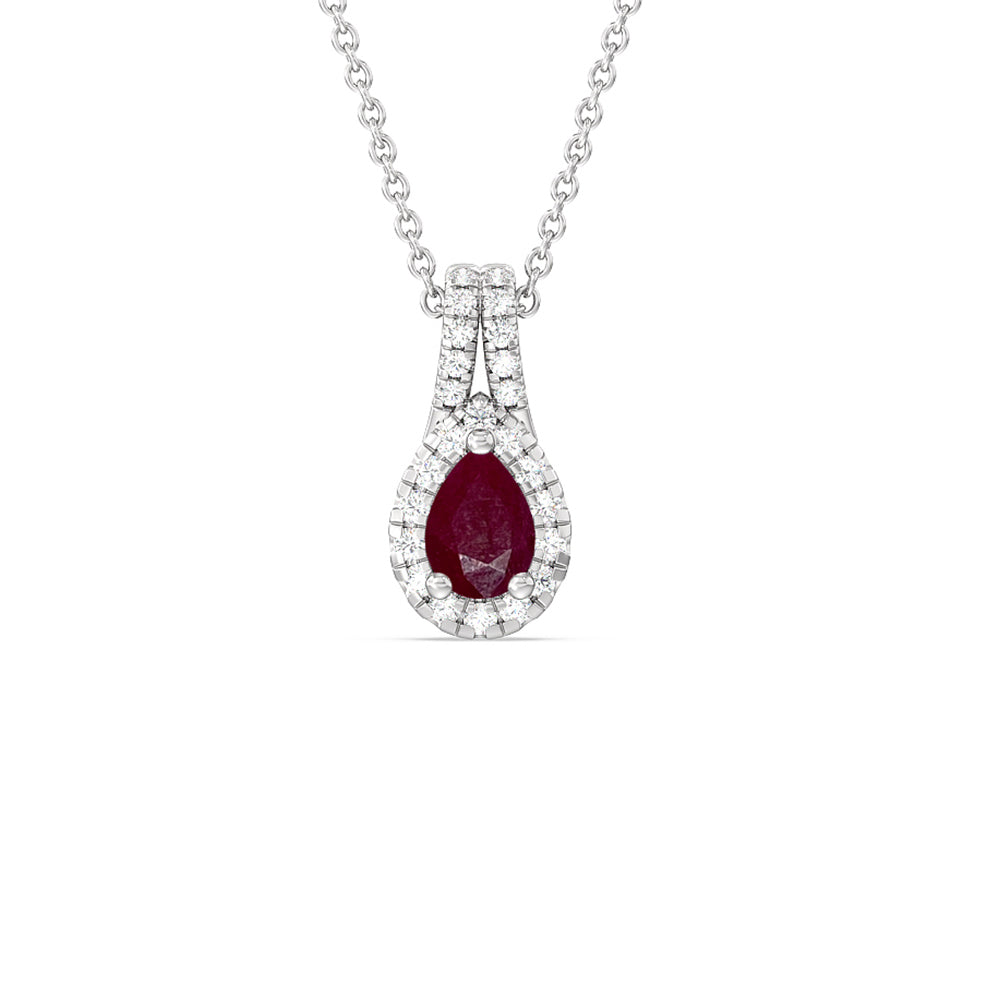 Pear Ruby and Lab Diamond Classic Halo Pendant With Studded Split Bale with 8x5 Cut Diamond in 14KT White Gold view 1
