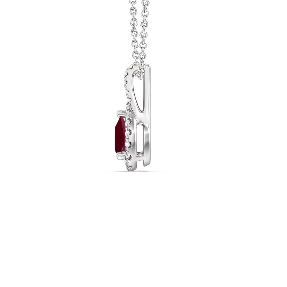 Pear Ruby and Lab Diamond Classic Halo Pendant With Studded Split Bale with 8x5 Cut Diamond in 14KT White Gold view 2
