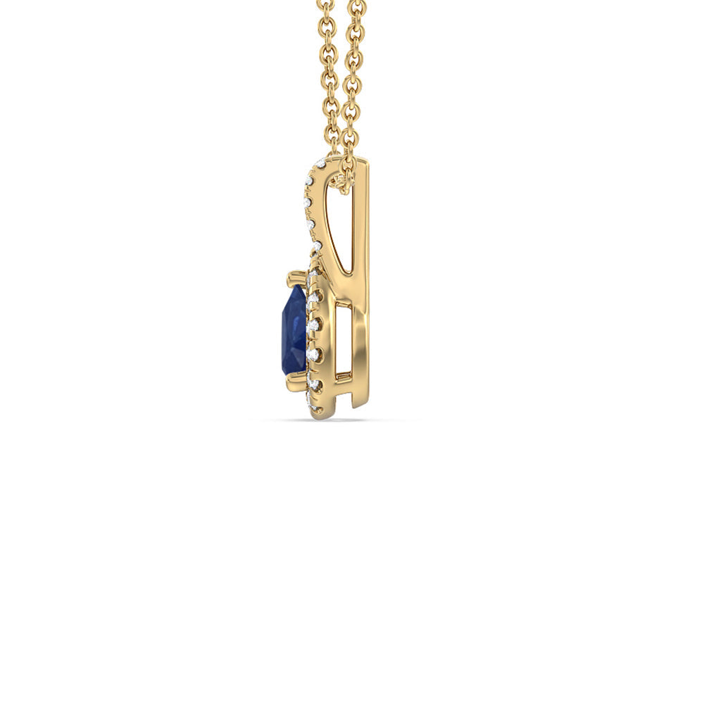 Pear Sapphire and Lab Diamond Classic Halo Pendant With Studded Split Bale with 8x5 Cut Diamond in 14KT Yellow Gold view 2
