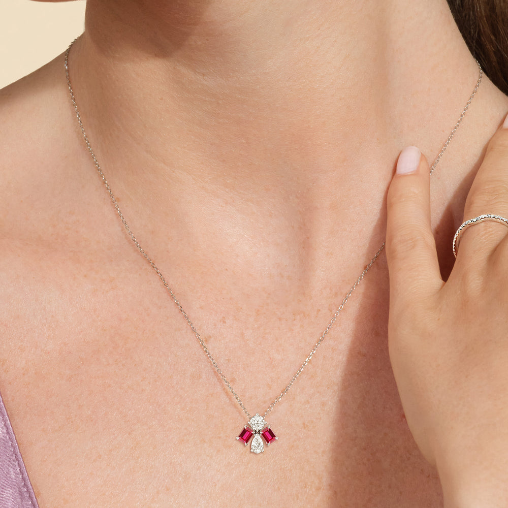 Model Wearing Ruby and Diamond Gleaming Galaxy Necklace view