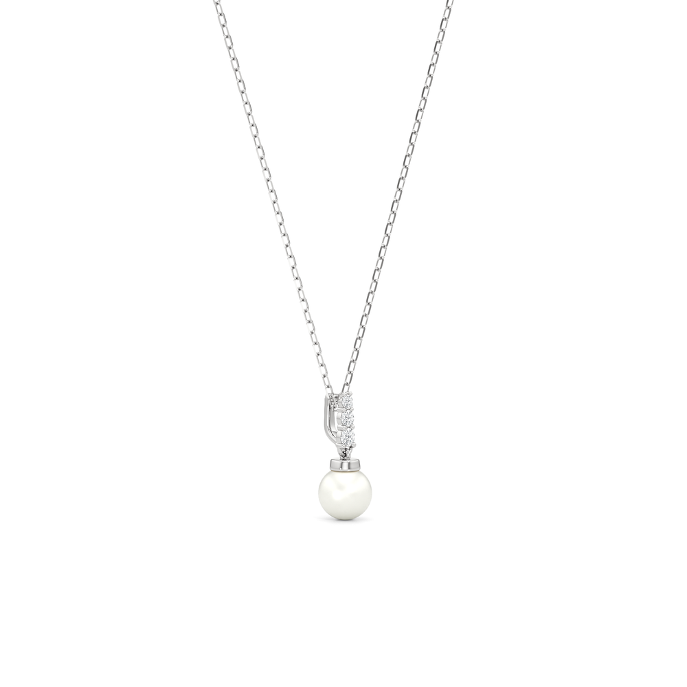 Pearl Trio Drop Necklace with Sterling Silver / Lab / 1/20 Cut Diamond in 14KT Sterling Silver / Lab / 1/20 view 4
