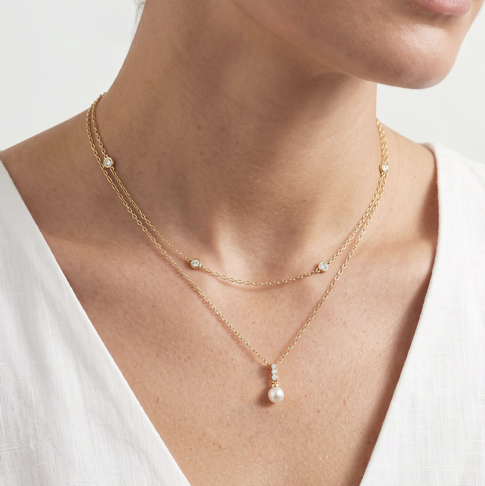 Pearl Trio Drop Necklace with Sterling Silver / Lab / 1/20 Cut Diamond in 14KT Sterling Silver / Lab / 1/20 view 3
