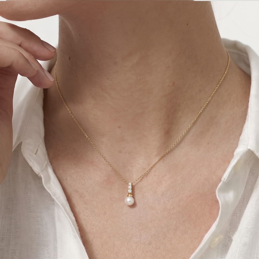 Pearl Trio Drop Necklace with Sterling Silver / Lab / 1/20 Cut Diamond in 14KT Sterling Silver / Lab / 1/20 view 2
