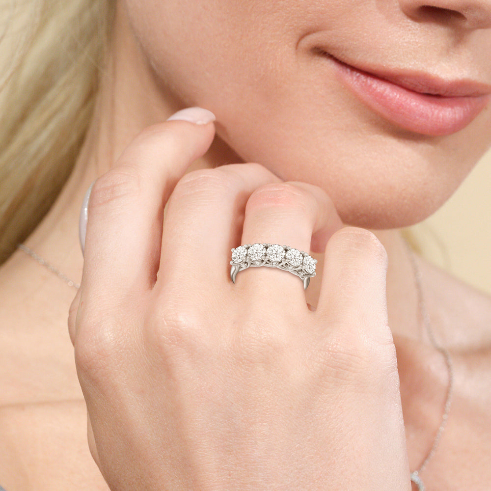 Elegance Hidden Accent Trellis Round Five Stone Anniversary Ring with Platinum / Lab / 3 Cut Diamond in 14KT Platinum / Lab / 3 view 2
