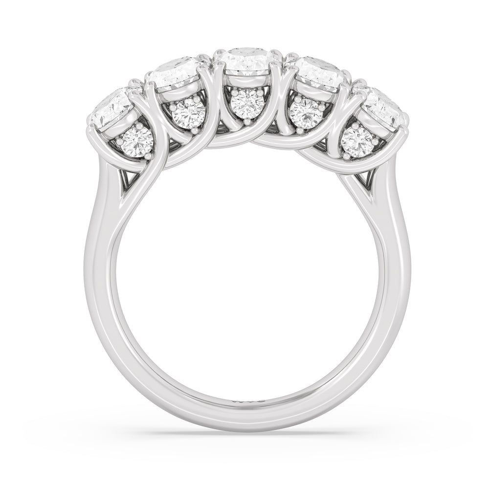 Elegance Hidden Accent Trellis Oval Five Stone Anniversary Ring with Platinum / Lab / 3 Cut Diamond in 14KT Platinum / Lab / 3 view 4
